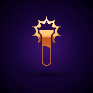 Siyah arkaplanda altın test tüpü ve matara simgesi var. Kimyasal laboratuvar testi. Laboratuvar camları. Vektör.