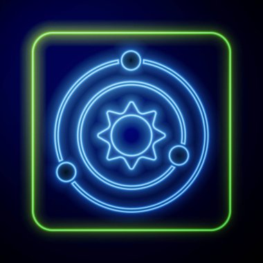 Parlayan neon güneş sistemi simgesi mavi arkaplanda izole edildi. Gezegenler yıldızın etrafında dönerler. Vektör.