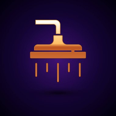 Siyah zemin üzerinde su damlaları akan ikonlu altın duş başlığı izole edildi. Vektör.