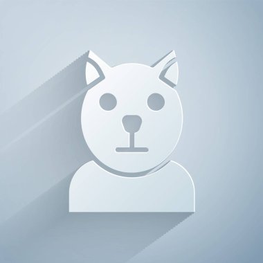Kağıt kesiği kedi simgesi gri arkaplanda izole edilmiş. Hayvan sembolü. Kağıt sanatı tarzı. Vektör.