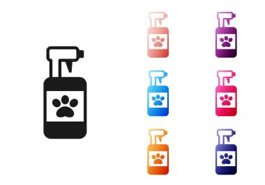 Beyaz arka planda siyah evcil hayvan şampuanı ikonu var. Evcil hayvan bakım işareti. Köpek temizleme sembolü. Simgeleri renklendirin. Vektör.