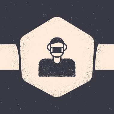 Grunge Man yüzü, gri arka planda izole edilmiş tıbbi koruyucu maske ikonu. Karantinaya alın. Tek renkli klasik çizim. Vektör.