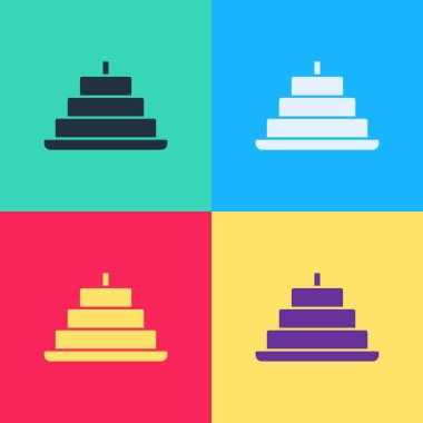 Renkli arka planda izole edilmiş yanan mum ikonlu Pop Art Cake. Doğum günün kutlu olsun. Vektör.