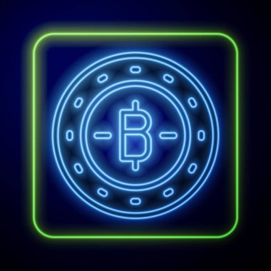 Parlayan neon para birimi Bitcoin simgesi mavi arka planda izole edildi. Madeni para. Engelleme zinciri tabanlı şifreli para birimi. Vektör.
