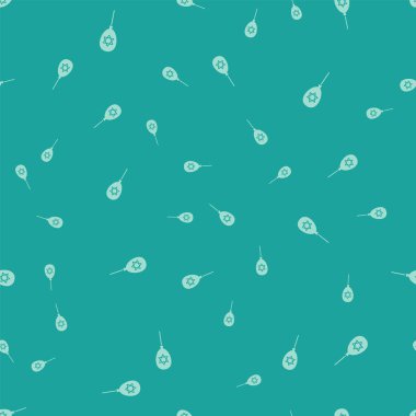 Kurdeleli yeşil balonlar ve David ikonunun yıldızı yeşil arka planda izole edilmiş kusursuz desenler. İsrail bayraklı balon. Vektör.