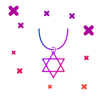 Beyaz arka planda izole edilmiş simge üzerindeki David 'in Renk Yıldızı kolyesi. Yahudi dini sembolü. İsrail 'in sembolü. Mücevher ve aksesuar. Kademeli rastgele dinamik şekiller. Vektör.