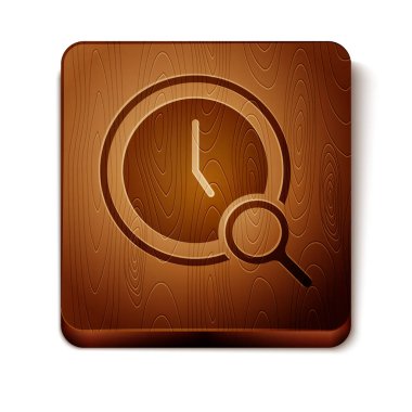 Kahverengi büyüteç ve beyaz zemin üzerinde saat simgesi var. Saat araması. Tahta kare düğme. Vektör.