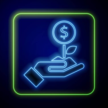 Parlayan neon dolar bitki simgesi mavi arkaplanda izole edildi. İş yatırımı büyüme konsepti. Para tasarrufu ve yatırım. Vektör.