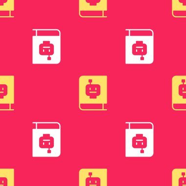 Sarı Kullanıcı elle simgesi kırmızı arkaplanda izole edilmiş pürüzsüz desen. Kullanıcı rehberi kitabı. Talimat işareti. Kullanmadan önce oku. Vektör.