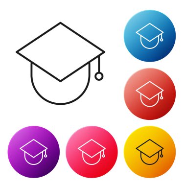 Beyaz arka planda izole edilmiş dünya ikonundaki siyah çizgi mezuniyet şapkası. Dünya eğitim sembolü. Çevrimiçi öğrenme ya da e-öğrenme kavramı. Renkli daire düğmelerini ayarlayın. Vektör İllüstrasyonu.