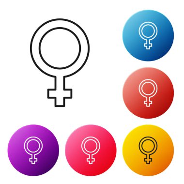 Beyaz arka planda siyah çizgi kadın cinsiyet simgesi izole edildi. Venüs sembolü. Bir kadın ya da organizmanın sembolü. Renkli daire düğmelerini ayarlayın. Vektör.