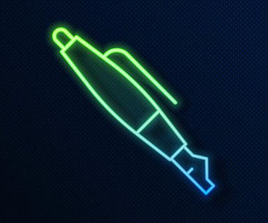 Parlayan neon hattı Çeşme ucu simgesi mavi arkaplanda izole edildi. Kalem aleti işareti. Vektör.