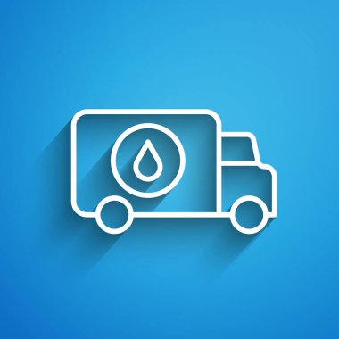 Mavi arka planda beyaz çizgili Plumber servis arabası ikonu izole edildi. Uzun gölge. Vektör.