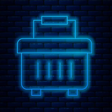 Parlayan neon hattı araç kutusu simgesi tuğla duvar arka planında izole edildi. Alet kutusu tabelası. Vektör.