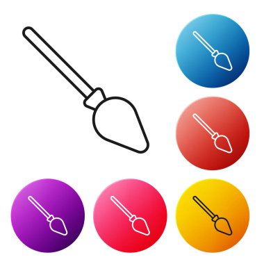 Siyah çizgi süpürge sapı simgesi beyaz arkaplanda izole edildi. Temizlik hizmeti konsepti. Renkli daire düğmelerini ayarlayın. Vektör.