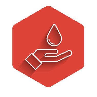 Beyaz çizgi, uzun gölgeli sabun ikonu ile ellerini yıkıyor. Virüs ve bakterileri önlemek için ellerini sabunla yıkıyorsun. Kırmızı altıgen düğmesi. Vektör.