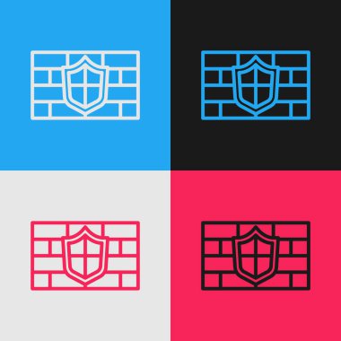 Siber güvenlik duvarı simgesine sahip Pop Art Line Shield renkli arka planda izole edilmiş. Veri koruma sembolü. Güvenlik duvarı. Ağ koruması. Vektör.