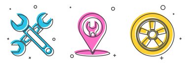 Anahtarı, araba servisini ve araba tekerleği simgesini ayarla. Vektör.