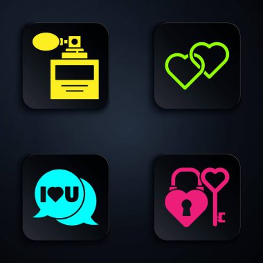 Kaleyi ve anahtarı kalp şeklinde ayarla, Parfüm, Seni Seviyorum ve İki Bağlı Kalpli ile Konuşma baloncuğu. Siyah kare düğme. Vektör.