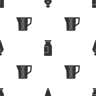 Pasta poşeti, süt ve ölçü kabıyla kusursuz desenli bir şişe. Vektör.