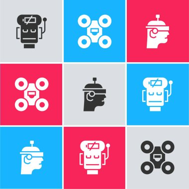 Robot bataryasını, İHA 'yı ve akıllı gözlük ikonunu ayarlayın. Vektör.