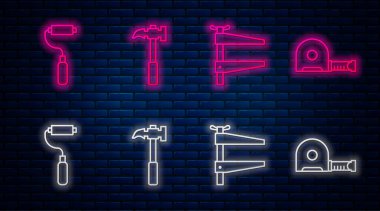 Pençe çekici, kıskaç, boya fırçası ve rulet inşaatı. Tuğla duvarda parlayan neon simgesi. Vektör.