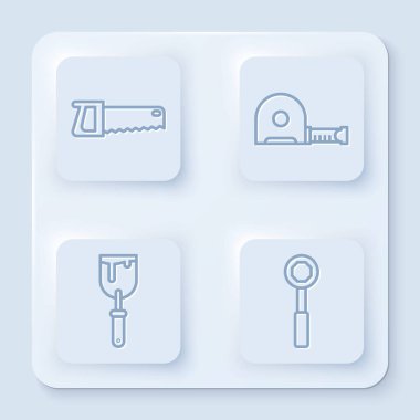 El testeresi, rulet inşaatı, macun bıçağı ve İngiliz anahtarı. Beyaz kare düğme. Vektör.