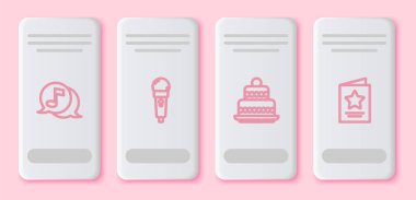 Konuşma balonunda müzikal nota, mikrofon, pasta ve tebrik kartı ayarla. Beyaz dikdörtgen düğme. Vektör.