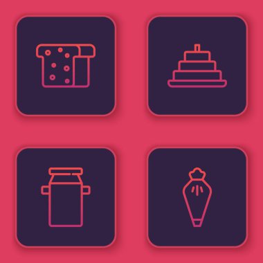 Ekmek kızartma, süt konteynırı, yanan mumlar ve hamur işi poşeti olan pasta. Mavi kare düğme. Vektör.