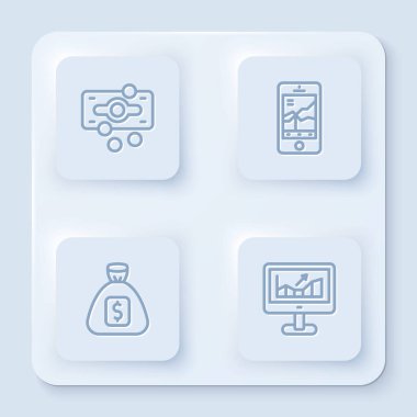 Hat Stacks kağıt para, mobil hisse senedi ticareti, para çantası ve büyüme grafikli bilgisayar. Beyaz kare düğme. Vektör.