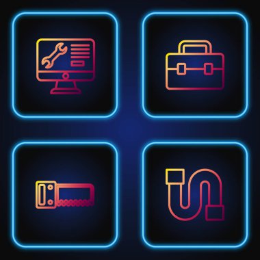 Hat sanayi borusu, el testeresi, bilgisayar monitörü ve alet çantası. Renk simgeleri. Vektör.