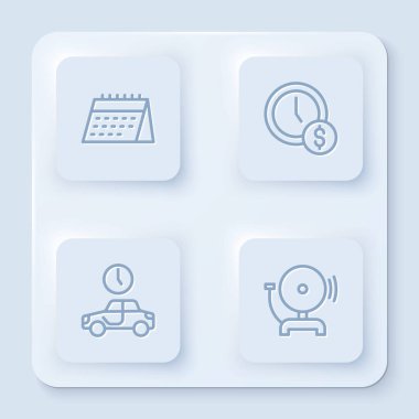 Takvimi ayarla, zaman para demektir, seyahat etmek ve alarm zilini çalmak için. Beyaz kare düğme. Vektör.