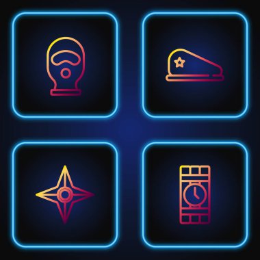 Dinamit ve zaman ayarlı saat, Japon ninja shuriken, kar maskesi ve askeri bere. Renk simgeleri. Vektör.