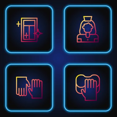 Hat temizleme servisi, lastik eldivenler, pencere ve bayan için. Renk simgeleri. Vektör.