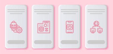 Robot ayarlarını ayarla, anakart dijital çipi ayarla, robotu telefondan ve yapay zekadan kapat. Beyaz dikdörtgen düğme. Vektör.