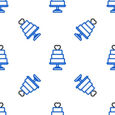 Kalp ikonlu çizgi düğün pastası beyaz arka planda izole edilmiş pürüzsüz desen. Renkli taslak konsepti. Vektör.