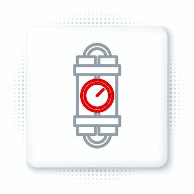 Dinamit çubuğu ve zamanlayıcı ikonu beyaz arka planda izole edildi. Saatli bomba - patlama tehlikesi kavramı. Renkli taslak konsepti. Vektör.