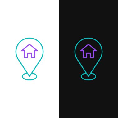 Beyaz ve siyah arkaplanda ev simgesi olan çizgi haritası işaretçisi. Ev konumu belirleyici sembol. Renkli taslak konsepti. Vektör.