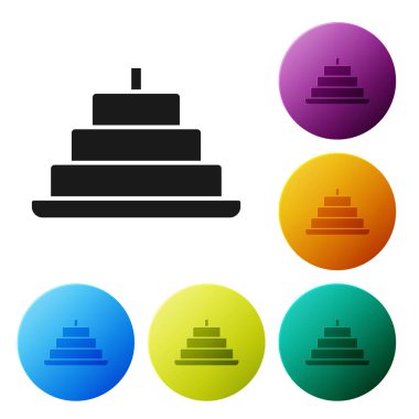 Beyaz zemin üzerinde yanan mum simgesi olan siyah pasta. Doğum günün kutlu olsun. Simgeleri renk daire düğmelerine ayarla. Vektör.