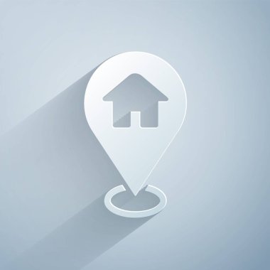 Kağıt kesikli harita işaretçisi ve gri arkaplanda ev simgesi var. Ev konumu belirleyici sembol. Kağıt sanatı tarzı. Vektör.
