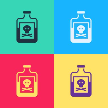 Şişedeki Pop Art Poison renkli arka planda izole edilmiş. Bir şişe zehir ya da zehirli kimyasal toksin. Vektör.