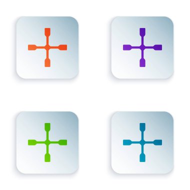 Renkli teker anahtarı simgesi beyaz arkaplanda izole edildi. Tekerlek desteği. Kare düğmelere renkli simgeleri yerleştir. Vektör.