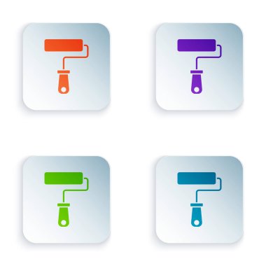 Renkli boya fırça simgesi beyaz arkaplanda izole edildi. Kare düğmelere renkli simgeleri yerleştir. Vektör.