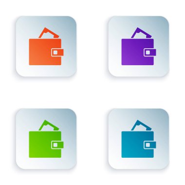 Kağıt para destelerinin olduğu renkli cüzdan beyaz arka planda izole edilmiş nakit ikonu. Çanta ikonu. Nakit tasarruf sembolü. Kare düğmelere renkli simgeleri yerleştir. Vektör.