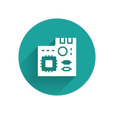 Beyaz Elektronik bilgisayar bileşenleri ana kart dijital çip entegre bilim ikonu uzun gölgeli izole. Devre kartı. Yeşil daire düğmesi. Vektör.