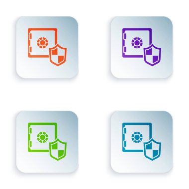 Beyaz arkaplanda izole edilmiş kalkan simgesi olan renk kasası. Sigorta konsepti. Güvenlik, güvenlik, koruma, konsept koruma. Kare düğmelere renkli simgeleri yerleştir. Vektör.