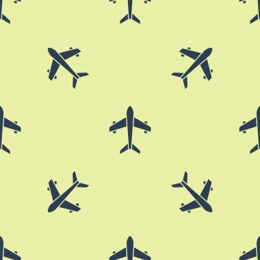 Mavi düzlem simgesi sarı arkaplandaki kusursuz deseni izole etti. Uçan uçak. Uçak sigortası. Güvenlik, güvenlik, koruma, konsept koruma. Vektör.