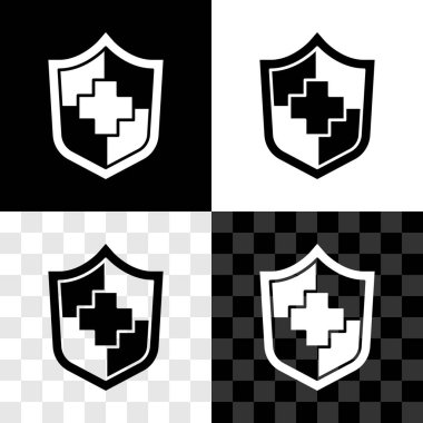 Siyah beyaz, şeffaf arkaplanda izole edilmiş kalkan ikonu ile Hayat Sigortası belirleyin. Güvenlik, güvenlik, koruma, konsept koruma. Vektör.