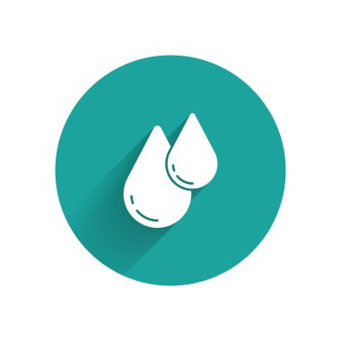 Beyaz su damlası ikonu uzun gölgeli izole edilmiş. Yeşil daire düğmesi. Vektör.