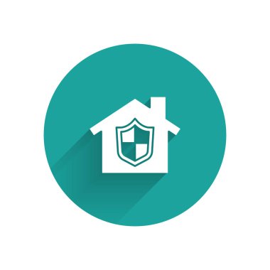 Beyaz Saray uzun gölgeli bir koruma ikonu altında. Ev ve kalkan. Koruma, güvenlik, güvenlik, koruma, savunma konsepti. Yeşil daire düğmesi. Vektör.